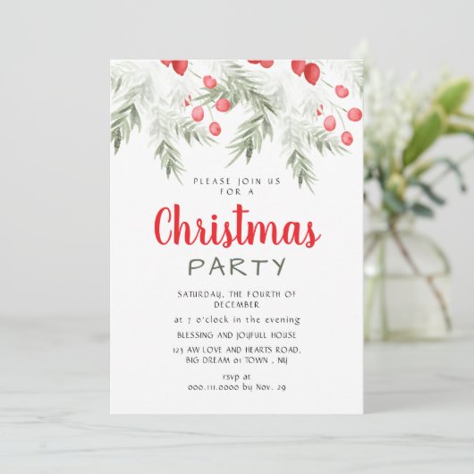Elegant Winter Greenery Watercolor Christmas Party Kaart (Staand voorkant)