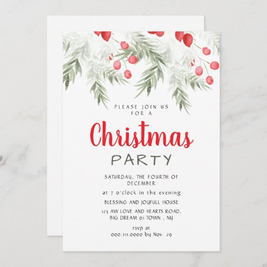 Elegant Winter Greenery Watercolor Christmas Party Kaart (Voorkant / Achterkant)