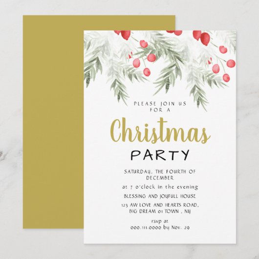 Elegant Winter Greenery Watercolor Christmas Party Kaart (Voorkant / Achterkant)