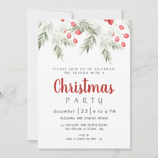 Elegant Winter Greenery Watercolor Christmas Party Kaart (Voorkant)