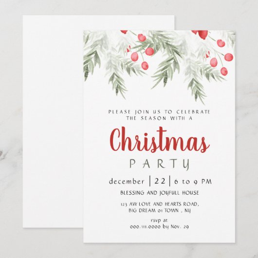 Elegant Winter Greenery Watercolor Christmas Party Kaart (Voorkant / Achterkant)