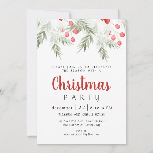 Elegant Winter Greenery Watercolor Christmas Party Kaart (Voorkant)