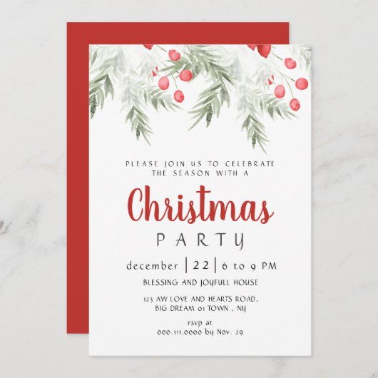 Elegant Winter Greenery Watercolor Christmas Party Kaart (Voorkant / Achterkant)