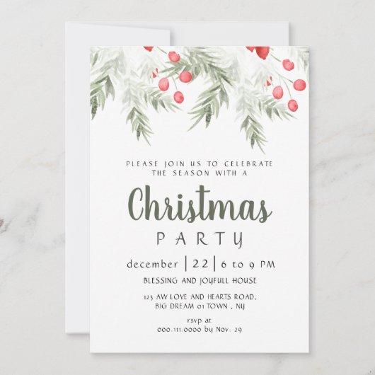 Elegant Winter Greenery Watercolor Christmas Party Kaart (Voorkant)