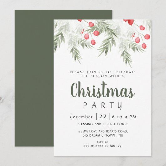 Elegant Winter Greenery Watercolor Christmas Party Kaart (Voorkant / Achterkant)