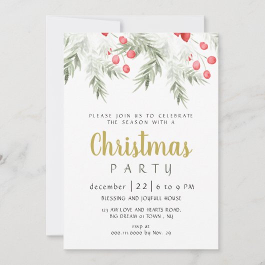 Elegant Winter Greenery Watercolor Christmas Party Kaart (Voorkant)