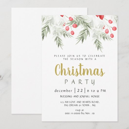 Elegant Winter Greenery Watercolor Christmas Party Kaart (Voorkant / Achterkant)