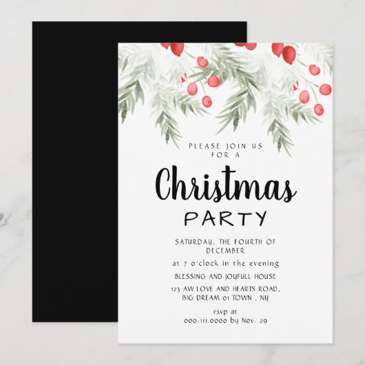 Elegant Winter Greenery Watercolor Christmas Party Kaart (Voorkant / Achterkant)