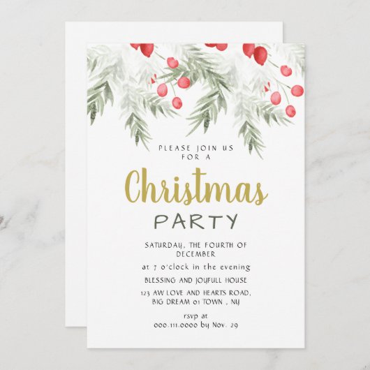 Elegant Winter Greenery Watercolor Christmas Party Kaart (Voorkant / Achterkant)