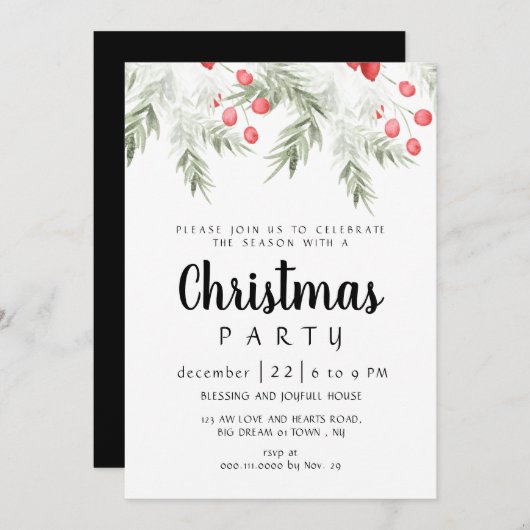 Elegant Winter Greenery Watercolor Christmas Party Kaart (Voorkant / Achterkant)