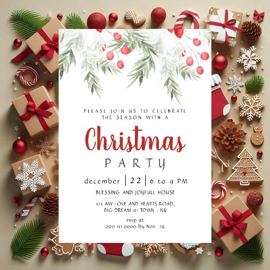 Elegant Winter Greenery Watercolor Christmas Party Kaart