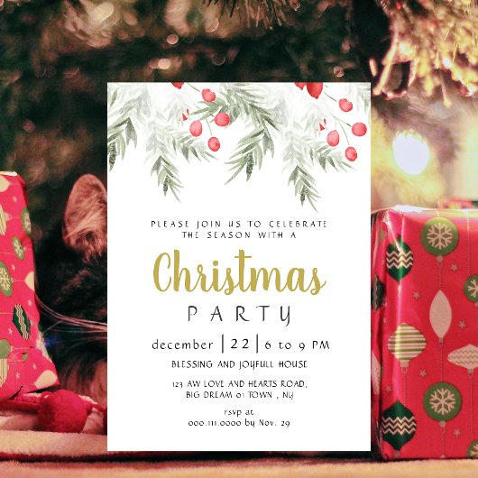Elegant Winter Greenery Watercolor Christmas Party Kaart