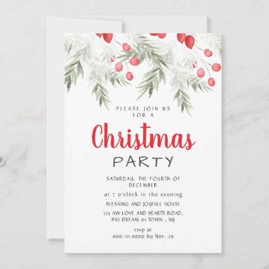 Elegant Winter Greenery Watercolor Christmas Party Kaart (Voorkant)
