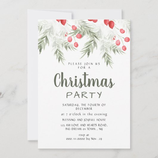 Elegant Winter Greenery Watercolor Christmas Party Kaart (Voorkant)