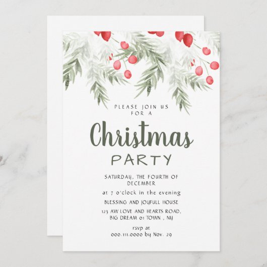 Elegant Winter Greenery Watercolor Christmas Party Kaart (Voorkant / Achterkant)