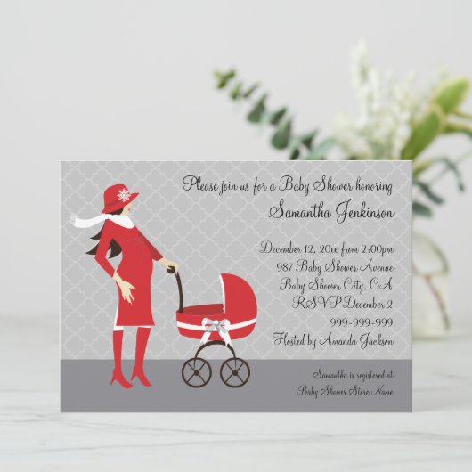 Elegant Winter Grijs en Rood Baby shower Kaart (Staand voorkant)