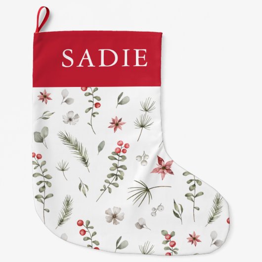 Elegant Winter Groen Botanisch Wit Grote Kerstsok (Voorkant)