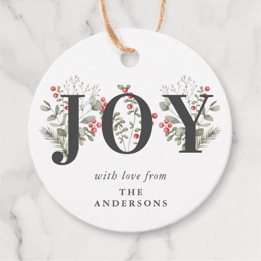 Elegant Winter Groen JOY Kerstmis Vakantie Gift Bedankjes Labels (Voorkant)