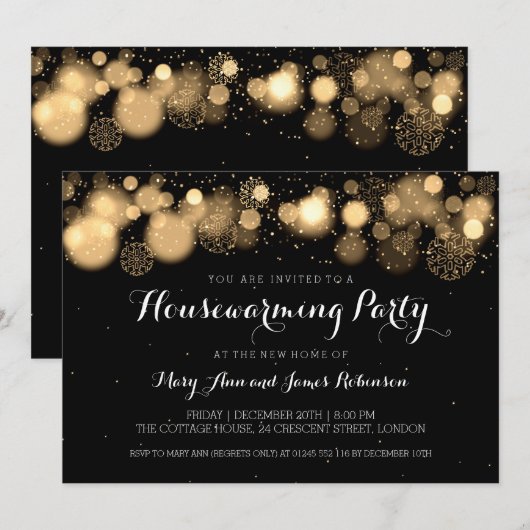 Elegant Winter Housewarming Party Gold Kaart (Voorkant / Achterkant)