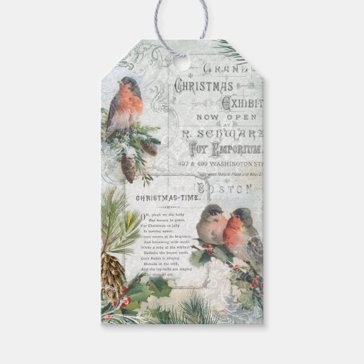 Elegant Winter Kerstfeest Robins Ephemera Cadeaulabel (Voorkant)