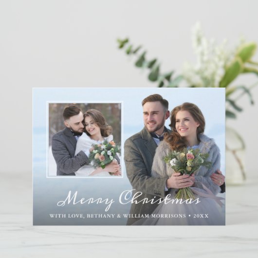 Elegant Winter Kerstmis Snowflakes 2 Foto Feestdagenkaart (Staand voorkant)