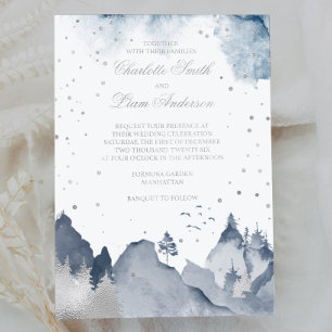 Elegant Winter Mountain Forest Wedding Silver Foil Folie Uitnodiging