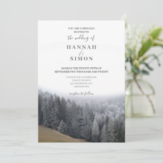 Elegant Winter Mountain Pines Wedding Invitation Kaart (Staand voorkant)