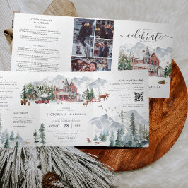 Elegant Winter Mountain Ski Chalet Wedding Drieluik Uitnodiging