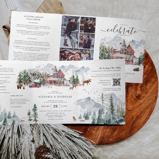 Elegant Winter Mountain Ski Chalet Wedding Drieluik Uitnodiging