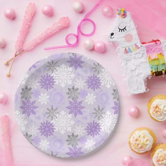 Elegant Winter Paars Silver Glitter Snowflakes Papieren Bordje (Feest)
