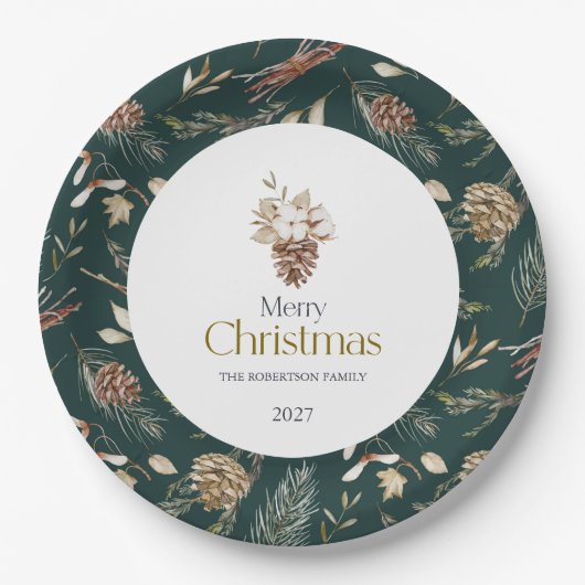 Elegant Winter Paper Plates with Pinecones Papieren Bordje (Voorkant)