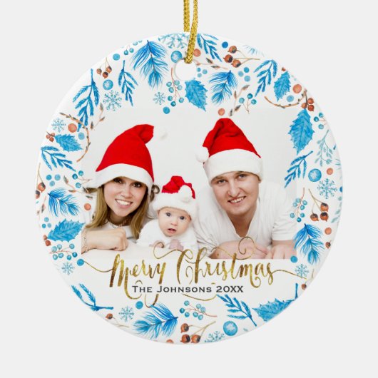 Elegant Winter Patroon Aangepast fotokerstfeest Keramisch Ornament (Voorkant)