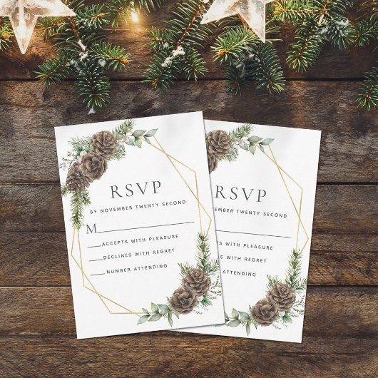 Elegant Winter Pine Cone Greenery Wedding RSVP Kaartje