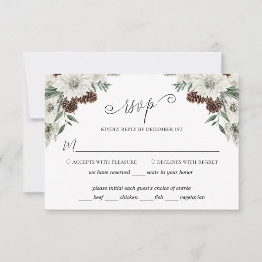 Elegant Winter Pine Cone Wedding RSVP Kaartje (Voorkant)