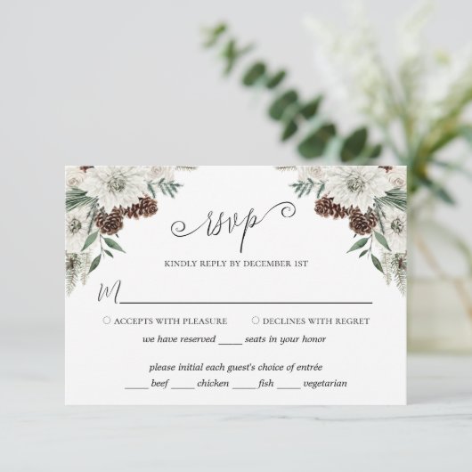 Elegant Winter Pine Cone Wedding RSVP Kaartje (Staand voorkant)