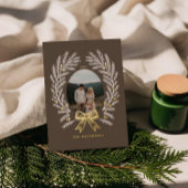 Elegant Winter Pine Tree Wreath Bow Photo Frame Folie Feestdagenkaart