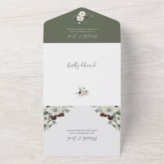 Elegant Winter Pine Weddenschap met RSVP All In One Uitnodiging (Buitenkant)