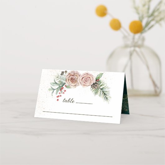 Elegant Winter Pink Roses Red Berries Greenery Plaatskaartje (Voorkant)