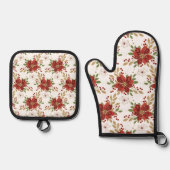 Elegant Winter Poinsettia Floral Pattern Ovenwant & Pannenlap Set (Voorkant)