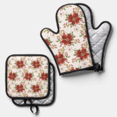 Elegant Winter Poinsettia Floral Pattern Ovenwant & Pannenlap Set (Voorkant / Achterkant)