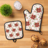 Elegant Winter Poinsettia Floral Pattern Ovenwant & Pannenlap Set (Top down)