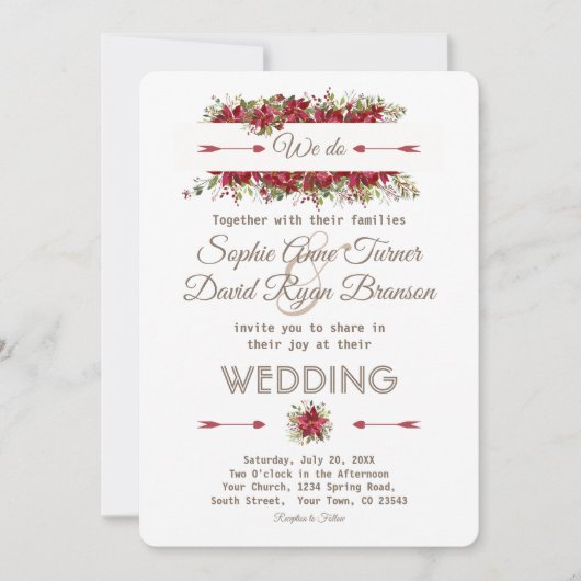 Elegant Winter Poinsettia Flowers Wedding Invite Kaart (Voorkant)