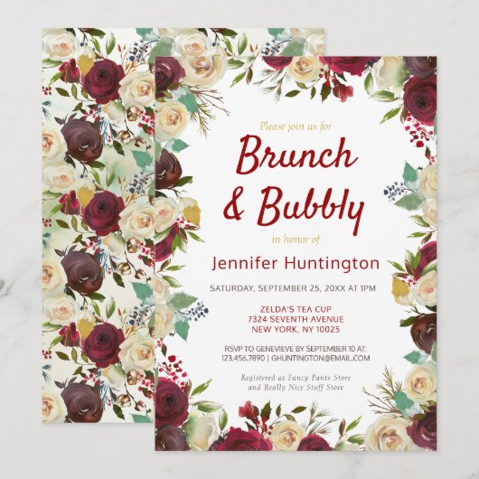 Elegant Winter Rozen Brunch & Bubble Vrijgezellenf Kaart (Voorkant / Achterkant)