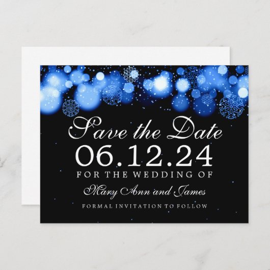 Elegant Winter Save the Date Blue Lights Aankondigingskaart (Voorkant / Achterkant)
