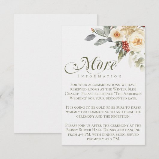 Elegant Winter Script Calligrafie Bloemrijke Bruil Informatiekaartje (Voorkant / Achterkant)