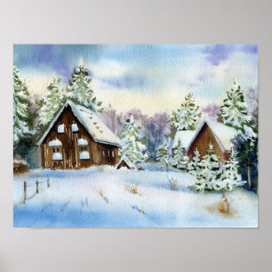 Elegant Winter Snow Effect House Forest Landscape Poster