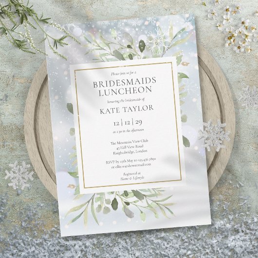 Elegant Winter Snow Greenery Bridesmaids Luncheon Kaart
