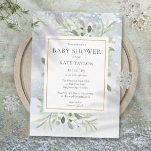 Elegant Winter Snowflakes Greenery Baby shower Kaart