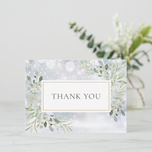 Elegant Winter Snowflakes Greenery Dank u Bedankkaart (Staand voorkant)