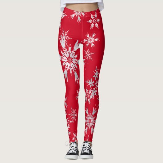 Elegant Winter Snowflakes | Rode achtergrond Leggings (Voorkant)